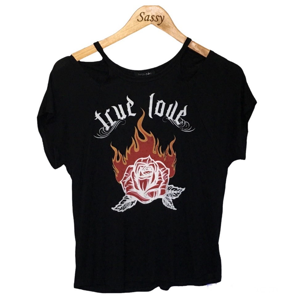 Black True Love Graphic Tee Cold Shoulder Flaming Rose Top